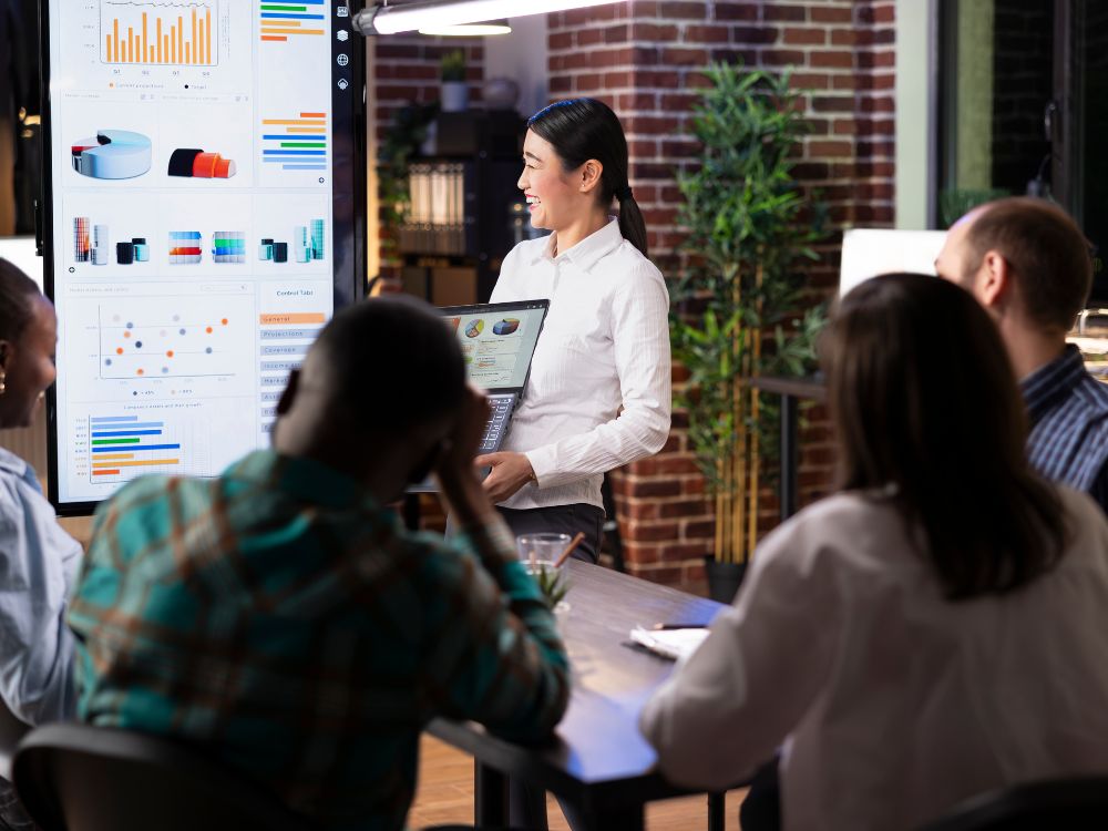 Profissional apresentando gráficos e indicadores em tela durante reunião com equipe em sala corporativa, demonstrando planejamento estratégico e gestão empresarial na prática.